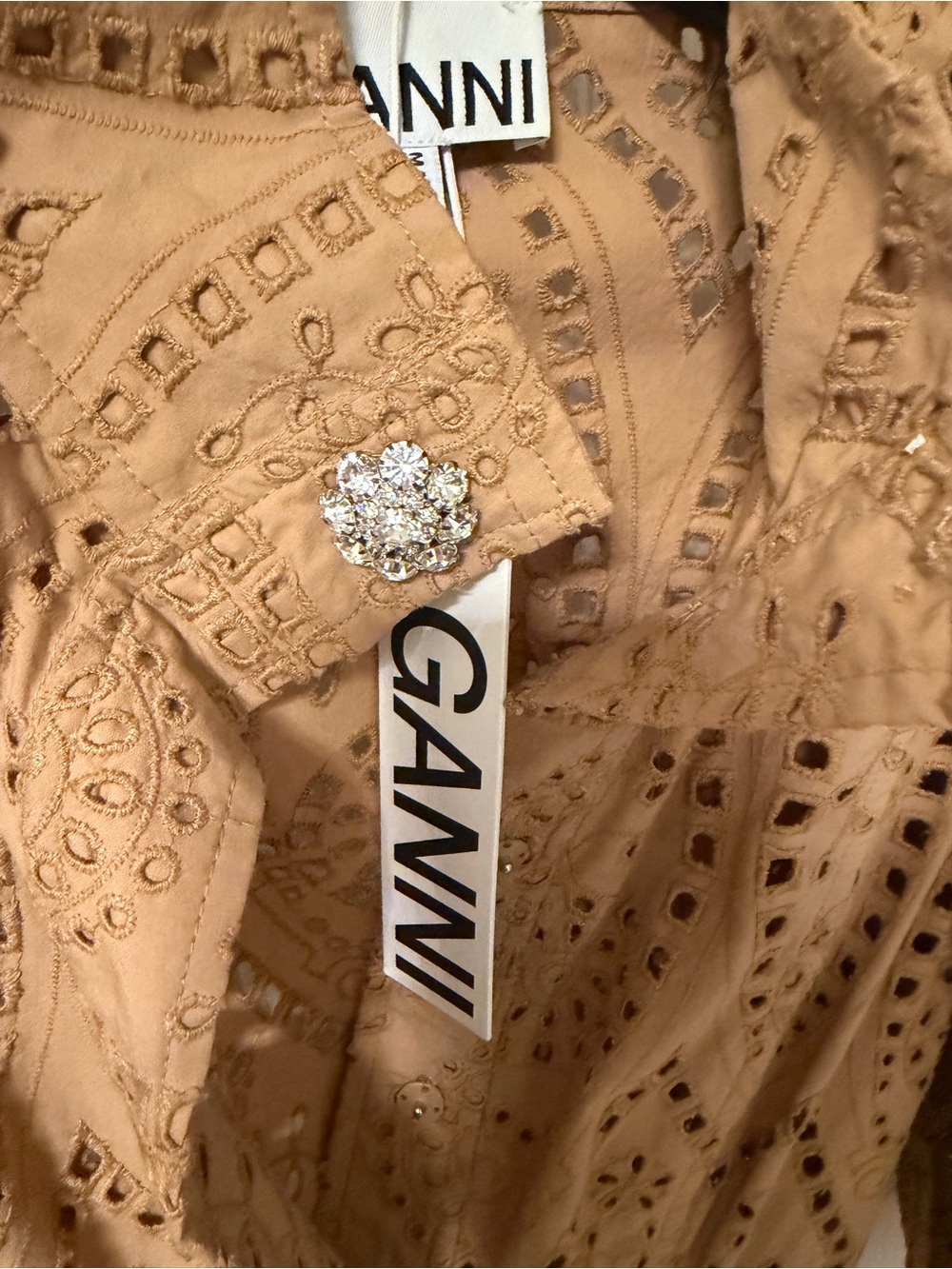 Ganni Tan Broderie Anglaise Midi Dress with Puff Sleeves - Picture 8 of 9
